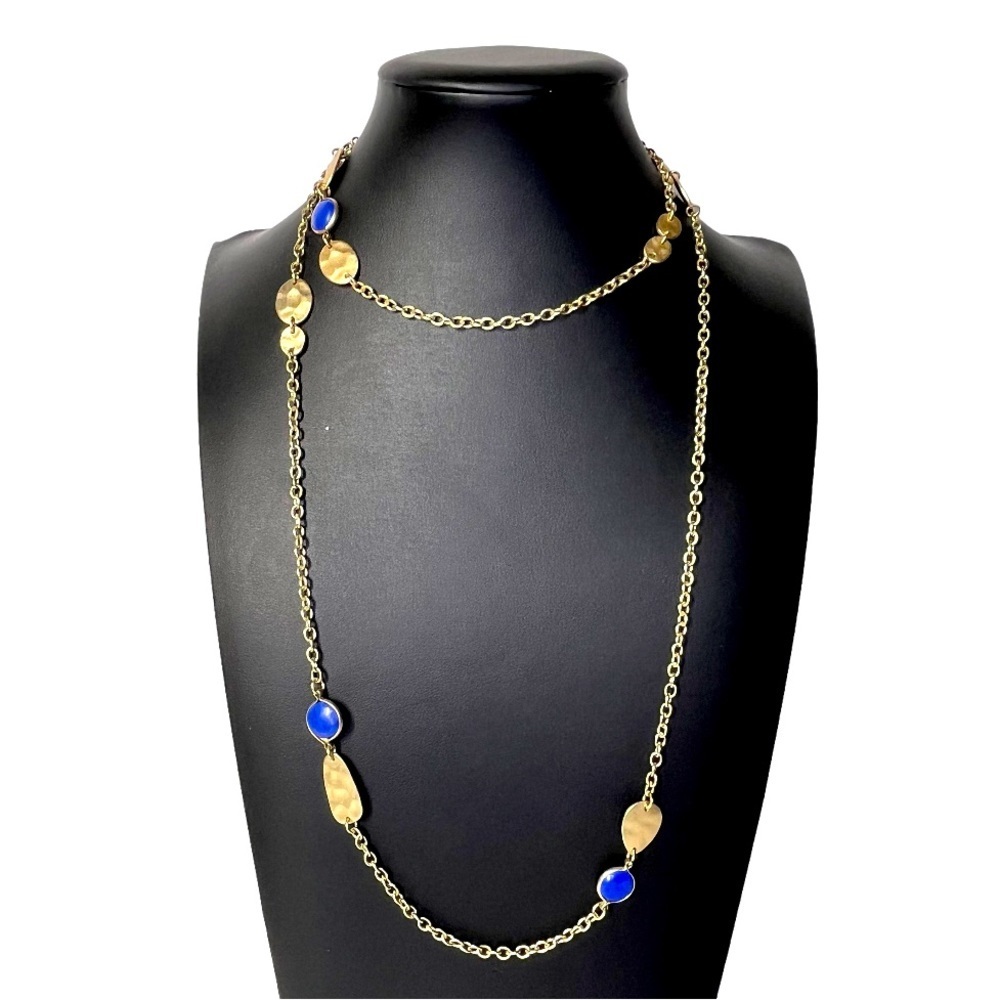 Golden Opera Hammered Link Lapis Blue Necklace Costume Jewelry 37-39"
